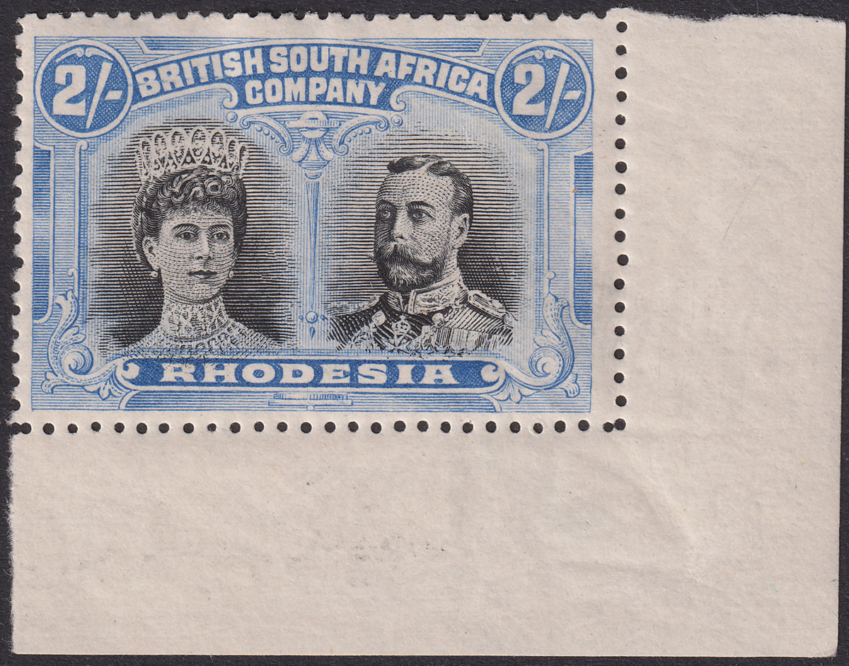 Rhodesia 1910 KGV Double Head 2sh Black + Ultram Corner Margin Mint SG153 c£120