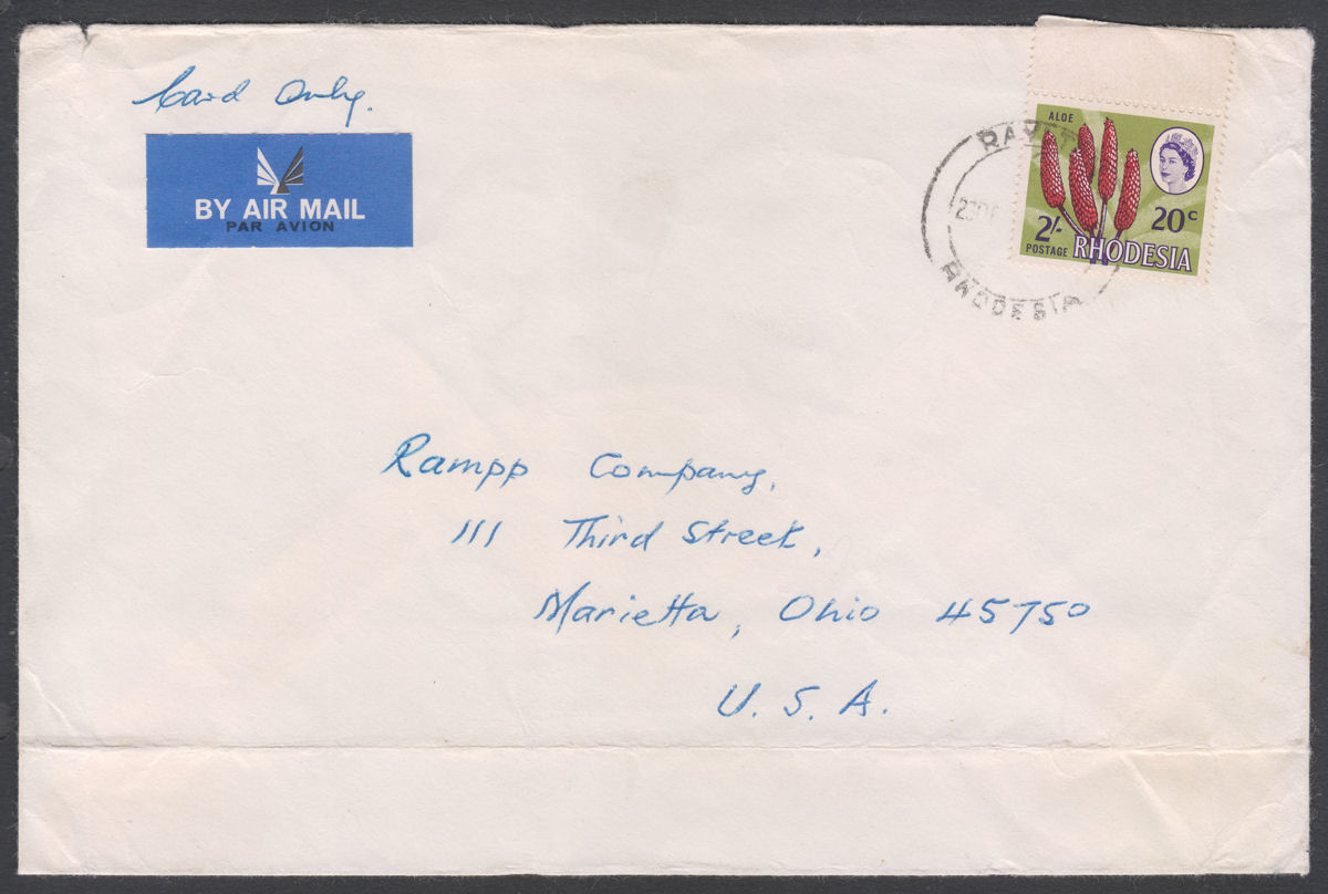 Rhodesia QEII Dual Currency Marginal 12sh/20c Used on Airmail Cover RAYLTON