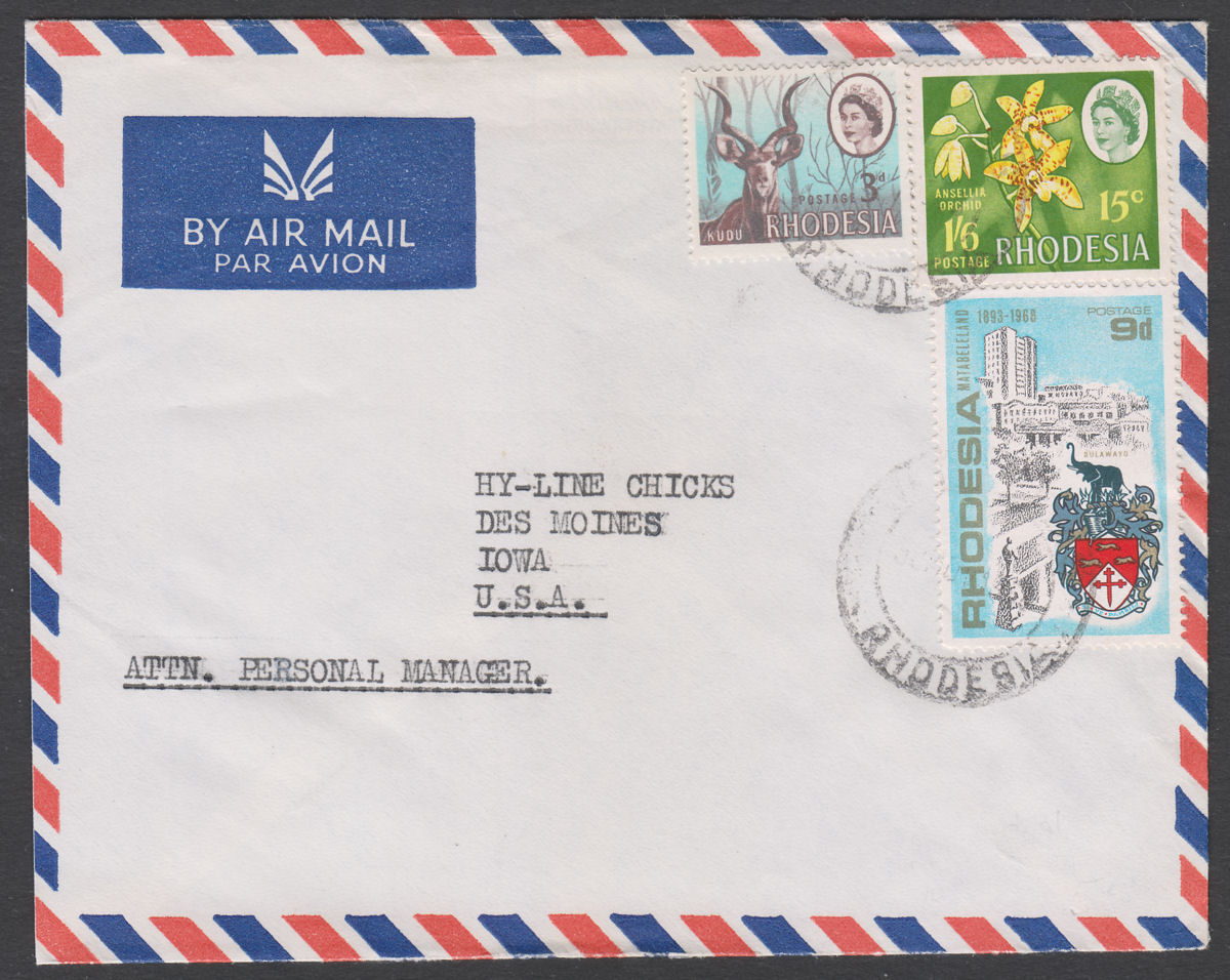 Rhodesia QEII 1sh6d/15c, 9d, 3d Selection Used on Airmail Cover RHODESIA Pmk