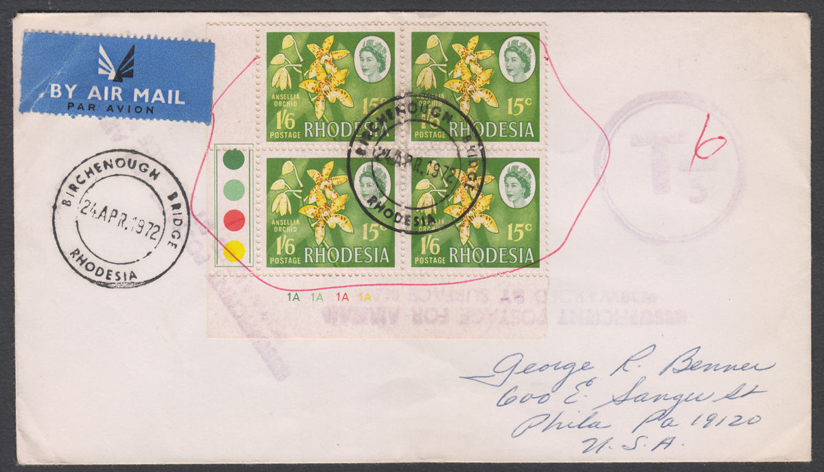 Rhodesia 1972 QEII Dual Currency 15c Block Underpaid Cover BIRCHENOUGH BRIDGE