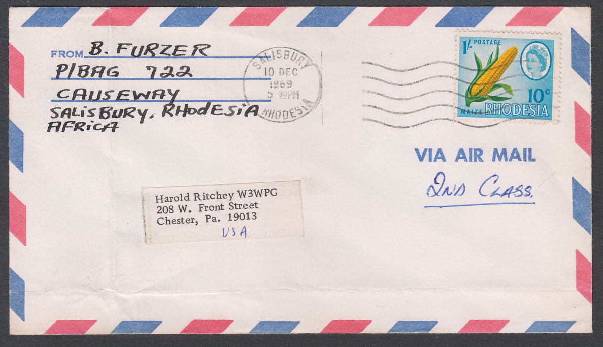 Rhodesia 1969 QEII Dual Currency 1sh/10c Used on Airmail Cover SALISBURY - USA