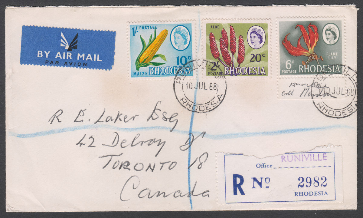 Rhodesia 1968 QEII Selection Used on Registered Airmail Cover RUNIVILLE - Canada