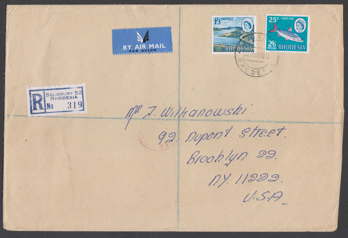 Rhodesia 1969 QEII 2sh6d/25c + 1sh3d Used on Regd Airmail Cover SALISBURY