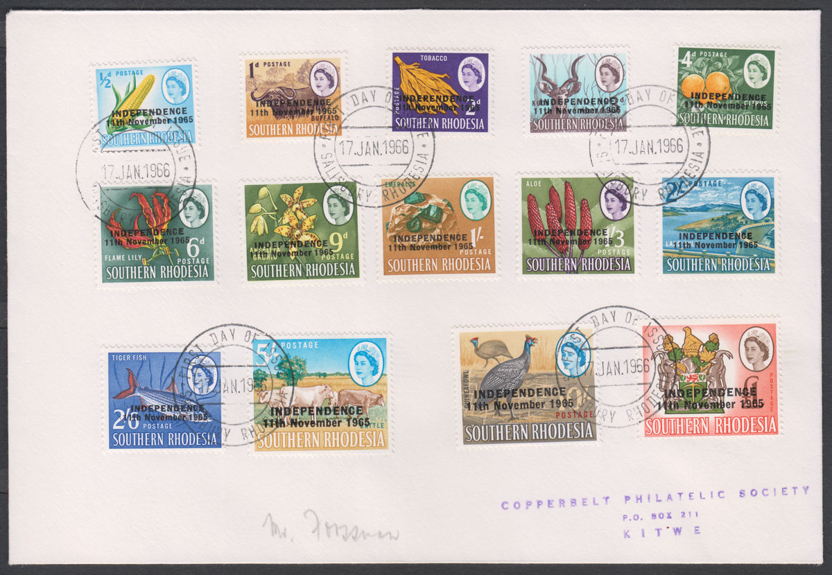 Rhodesia 1966 QEII Independence Opt Part Set to £1 First Day Cover SALISBURY