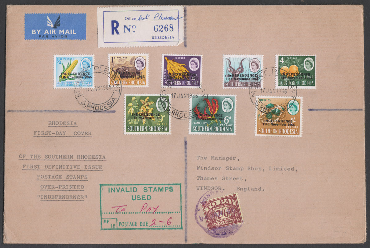 Rhodesia 1966 QEII Independ Opt Short Set to 1sh Reg Air FDC w Postage Due 2sh6d