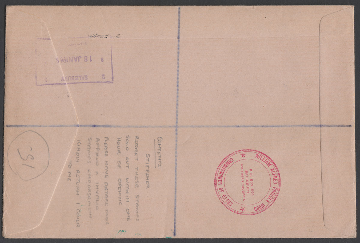 Rhodesia 1966 QEII Independ Opt Short Set to 1sh Reg Air FDC w Postage Due 2sh6d