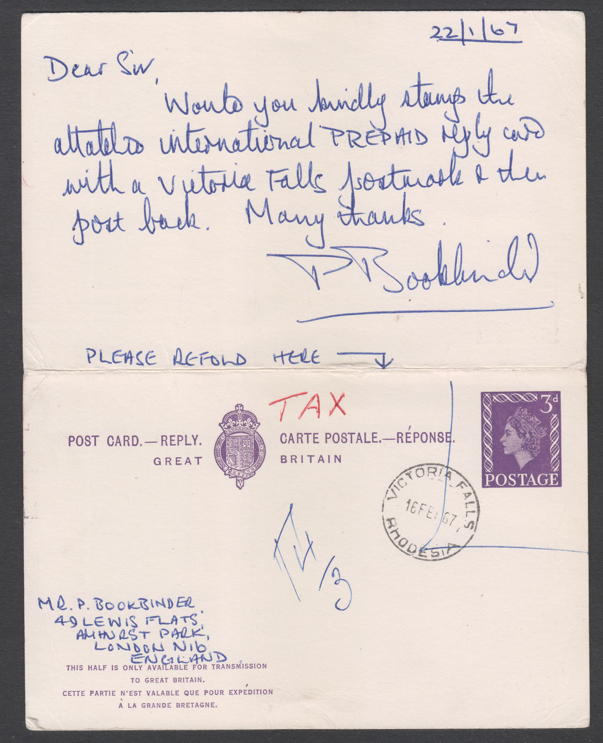 Rhodesia 1967 QEII 3d Postal Stationary Reply Postcard w Reply Used Postage Due