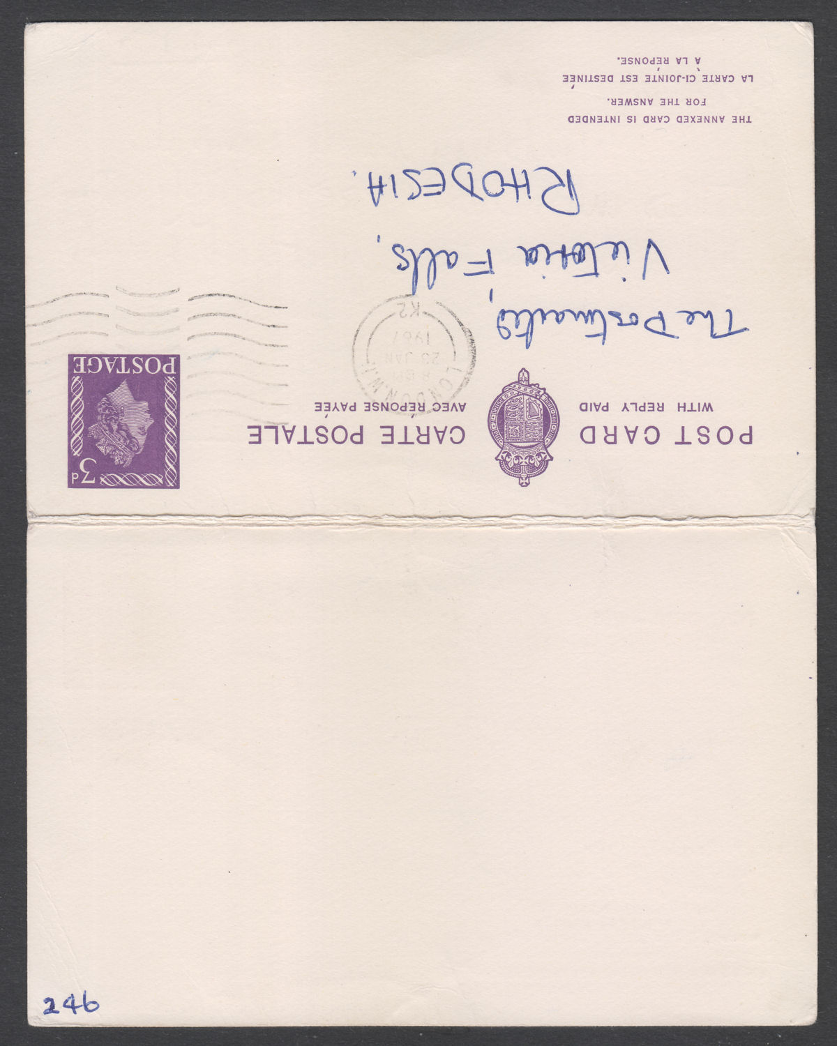 Rhodesia 1967 QEII 3d Postal Stationary Reply Postcard w Reply Used Postage Due