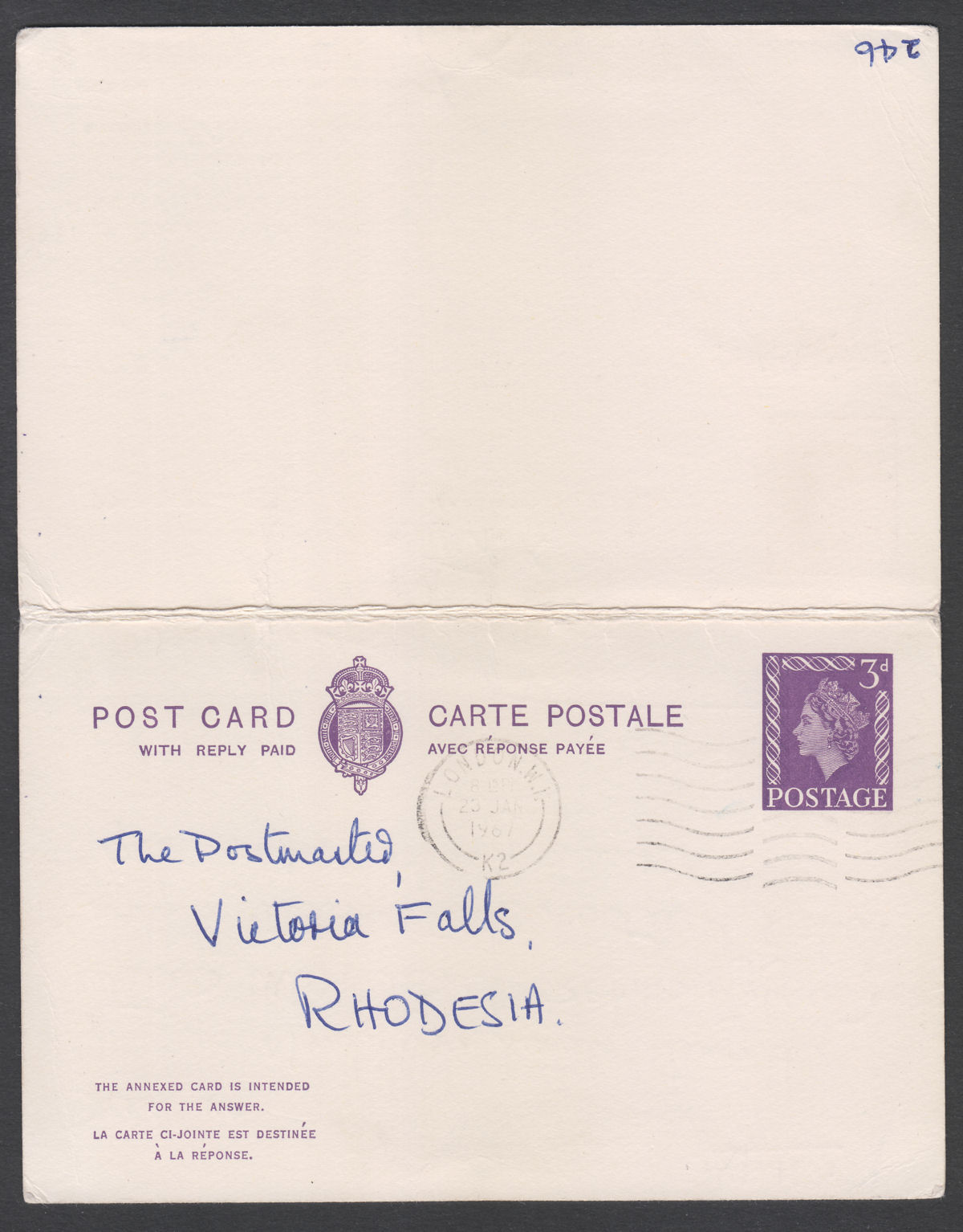 Rhodesia 1967 QEII 3d Postal Stationary Reply Postcard w Reply Used Postage Due