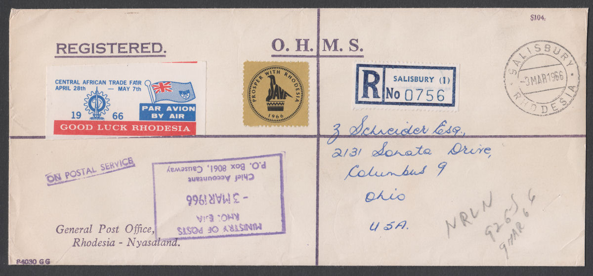 Rhodesia 1966 QEII Unstamped Used Registered Airmail Cover SALISBURY w CAF Label