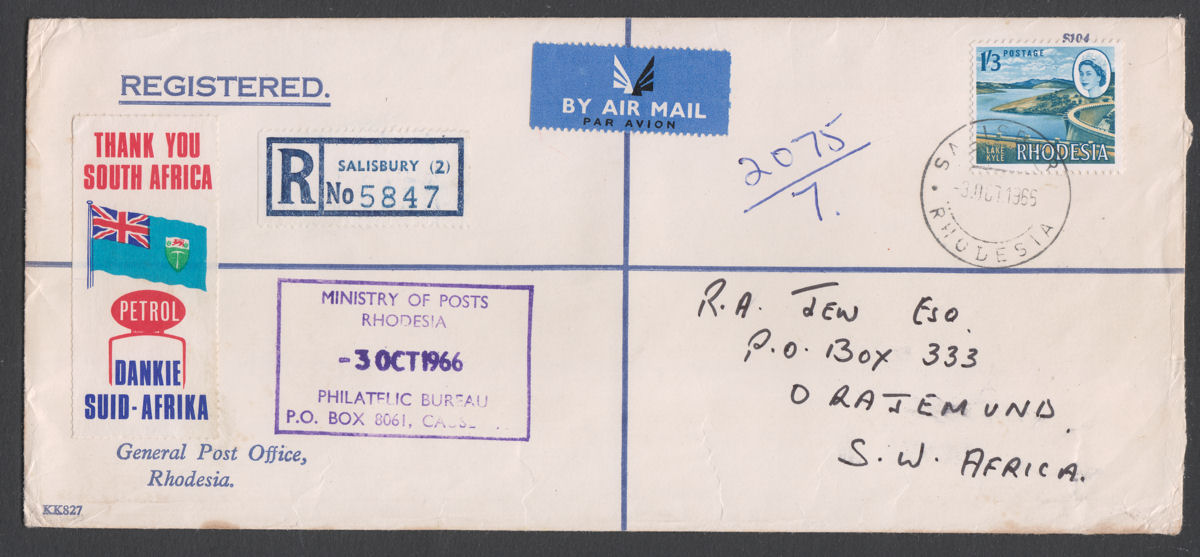 Rhodesia 1966 QEII 1sh3d Used on Registered Airmail Cover to SWA w Petrol Label