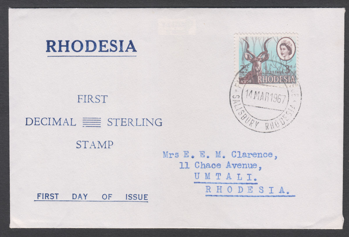 Rhodesia 1967 QEII Dual Currency 3d/2½c Used on Commem First Day Cover SALISBURY