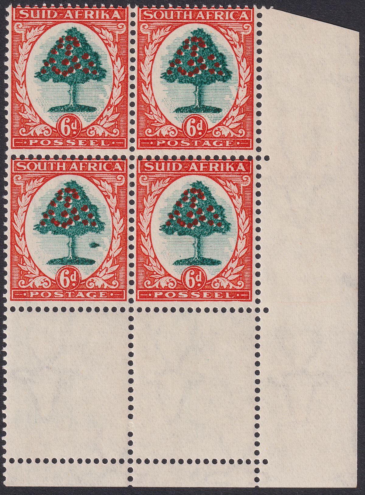 South Africa 1937 KGVI Orange Tree 6d Molehill Flaw Block Mint SG61b cat £320