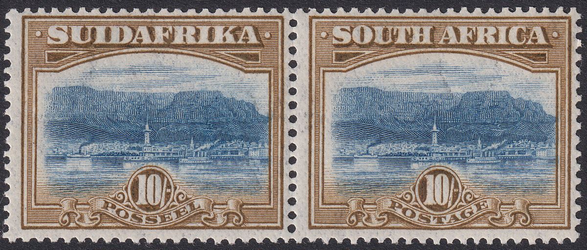 South Africa 1927 KGV Cape Town 10sh Blue + Brown p14 Pair Mint SG39 cat £200