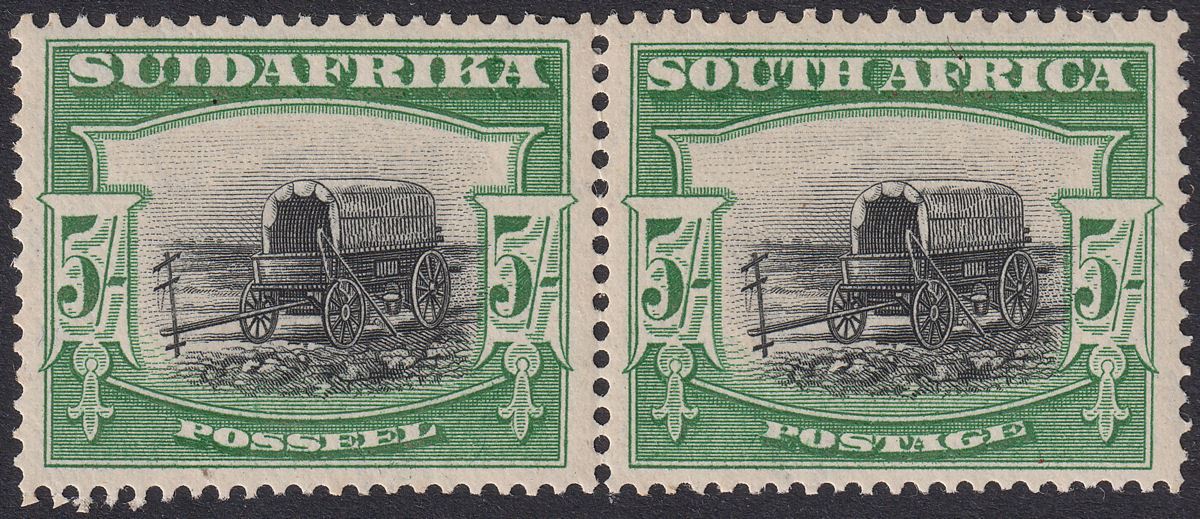 South Africa 1930 KGV Ox-Wagon 5sh p14x13½ Down Pair Mint SG38a cat £450 toned