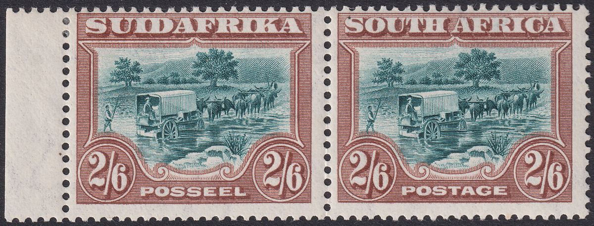 South Africa 1927 KGV Ox-Wagon 2sh6d Grn + Brown p14 Recess Pair Mint SG37 c£150