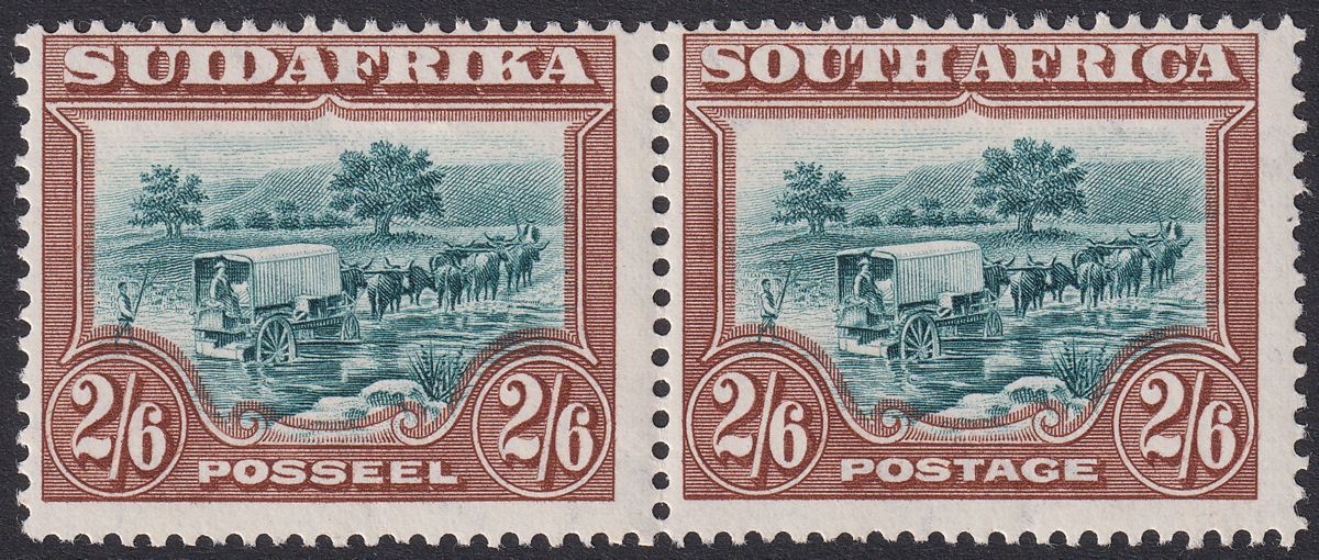 South Africa 1927 KGV Ox-Wagon 2sh6d Grn + Brown p14 Recess Pair Mint SG37 c£150