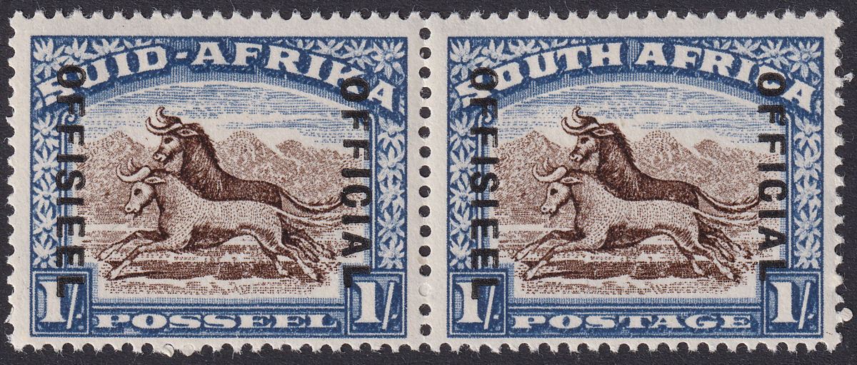 South Africa 1950 KGVI Wildebeest 1sh Brown + Blue Official Pair Mint SG O38