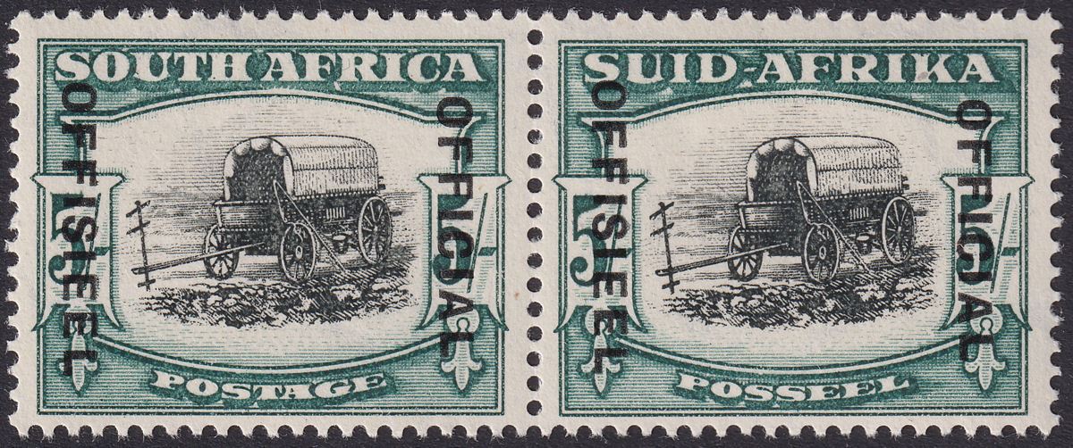 South Africa 1948 KGVI 5sh Official Overprint at Right Pair Mint SG O26 cat £65