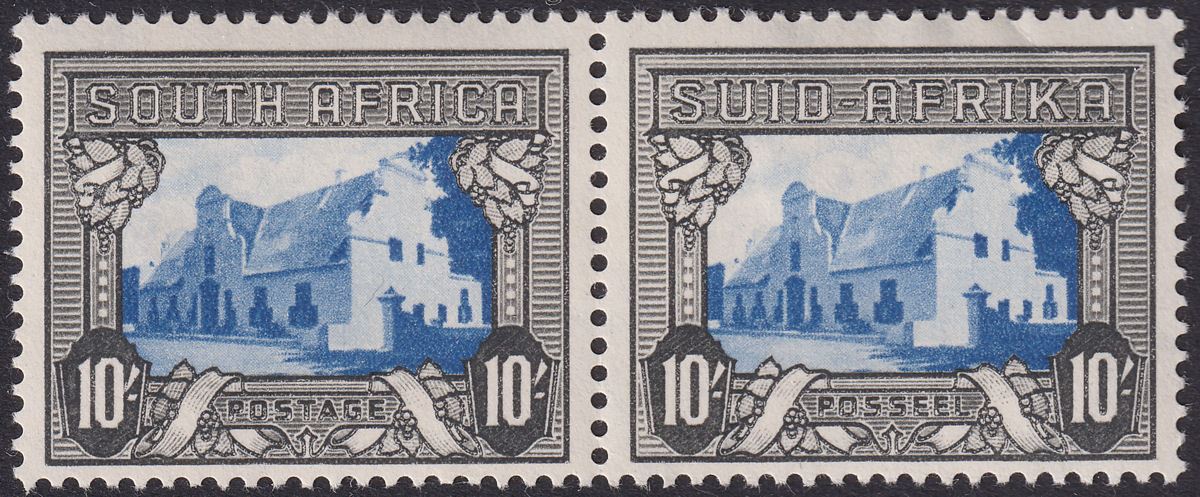 South Africa 1944 KGVI Groot Constantia 10sh Blue + Charc Pair Mint SG64ca c£48