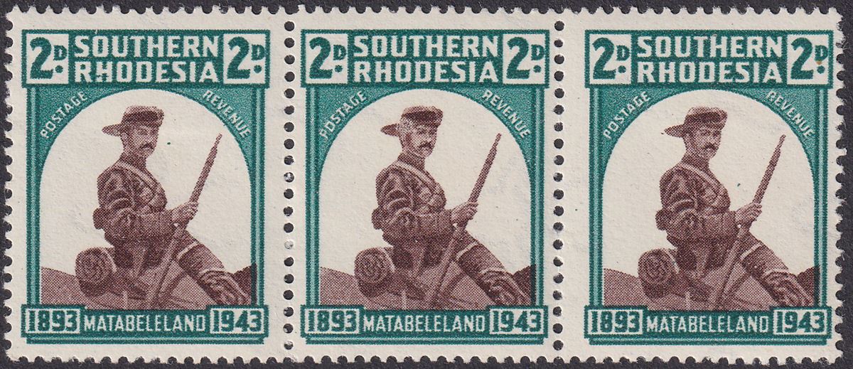 Southern Rhodesia 1943 KGVI Pioneer 2d Strip with Hat Brim Retouch Mint SG61a