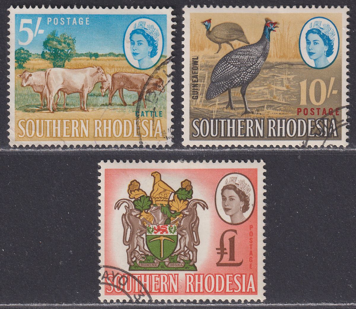 Southern Rhodesia 1964 QEII 5sh, 10sh, £1 Used SG103-105 cat £39