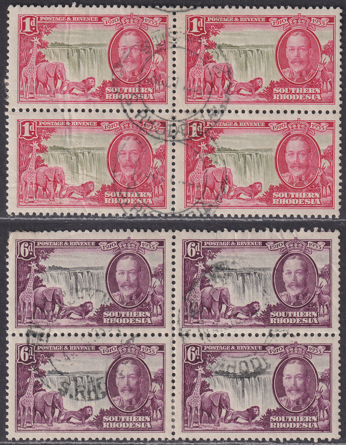 Southern Rhodesia 1935 KGV Silver Jubilee 1d, 6d Blocks of 4 Used SG31 SG34
