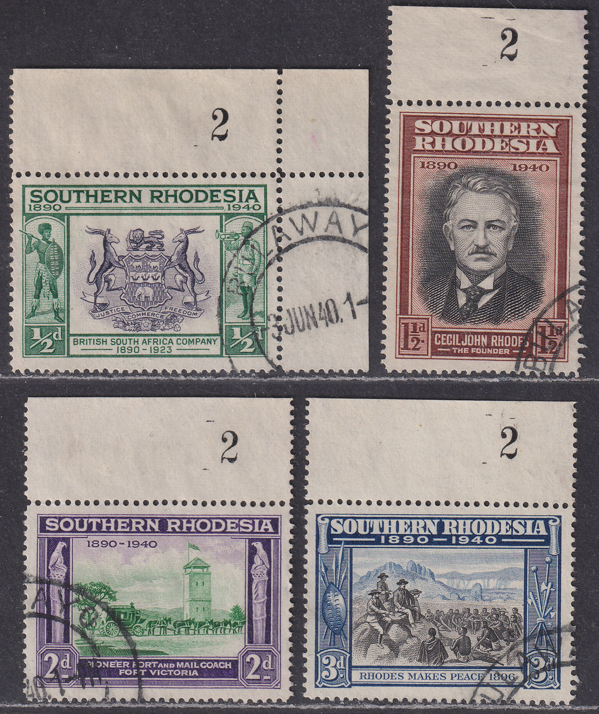 Southern Rhodesia 1940 KGVI BSAC Golden Jubilee Sheet No 2 Part Set to 3d Used