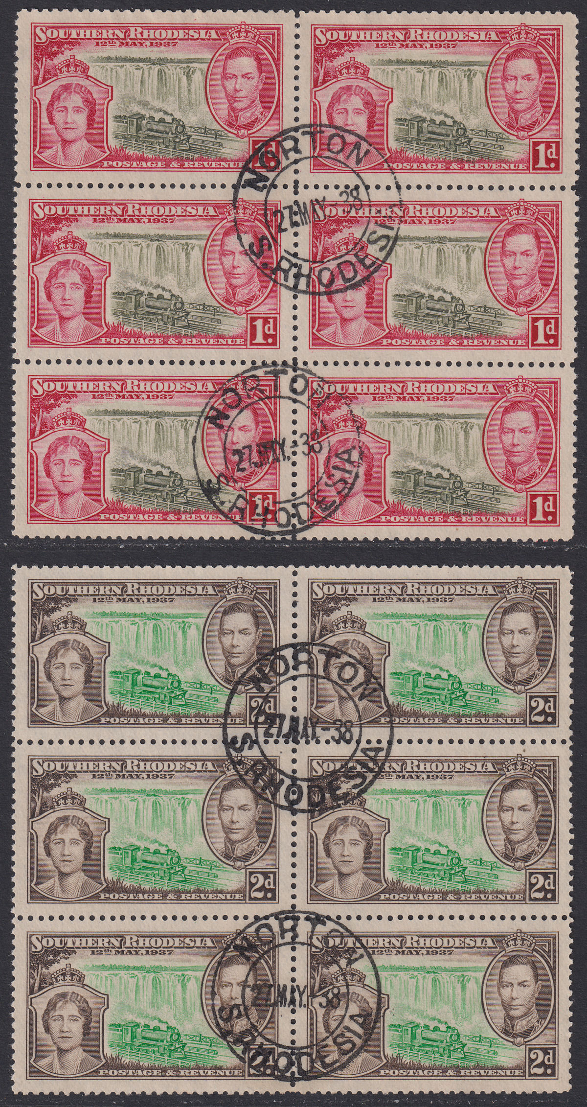Southern Rhodesia 1937 KGVI Coronation 1d, 2d Blocks of 6 Used SG36-37 NORTON