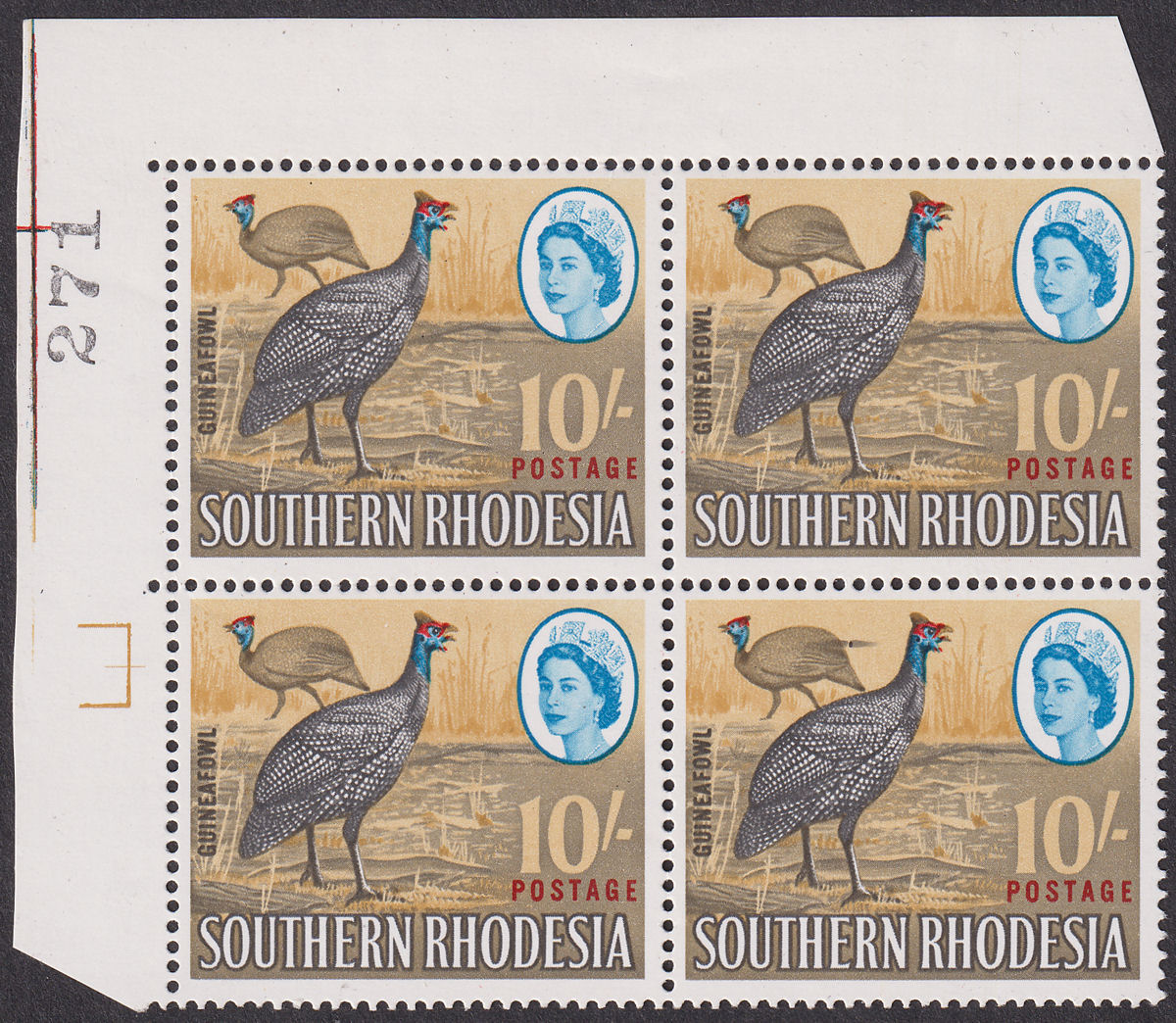 Southern Rhodesia 1964 QEII Guineafowl 10sh Extra Feather Variety Mint SG104a