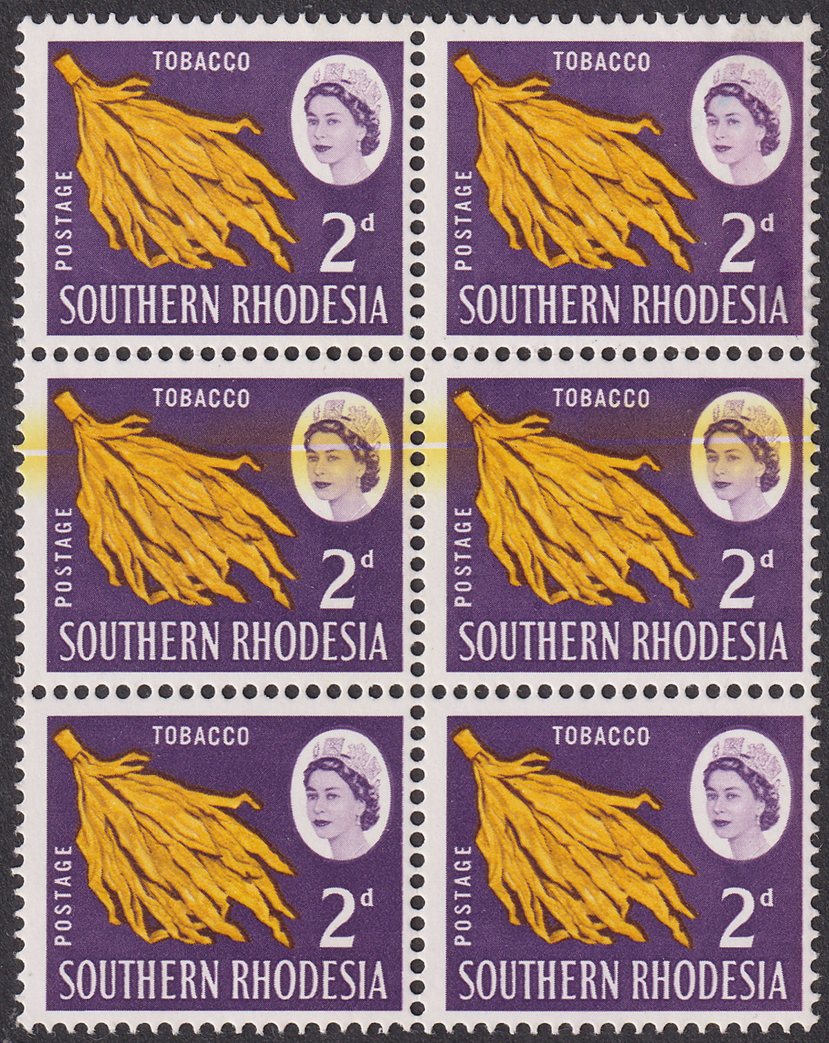 Southern Rhodesia 1964 QEII Tobacco 2d Yellow Doctor Blade Variety Mint SG94