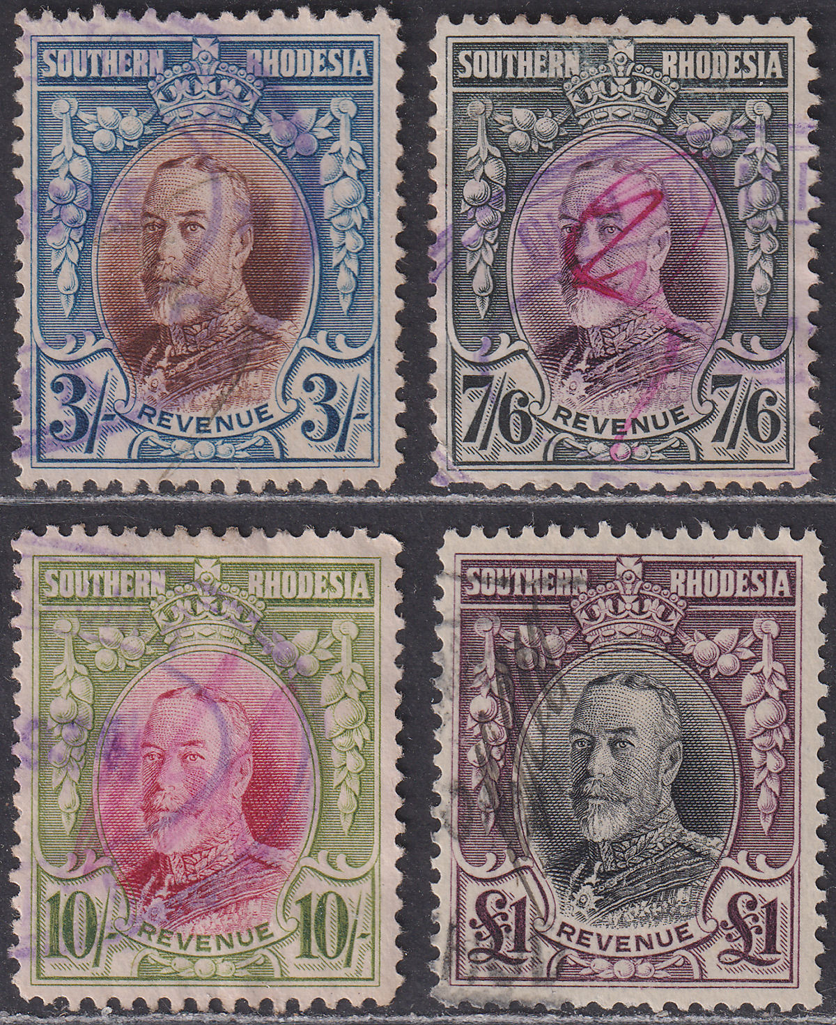 Southern Rhodesia 1931 KGV Revenue 3sh, 7sh6d, 10sh, £1 Used BF9-BF12
