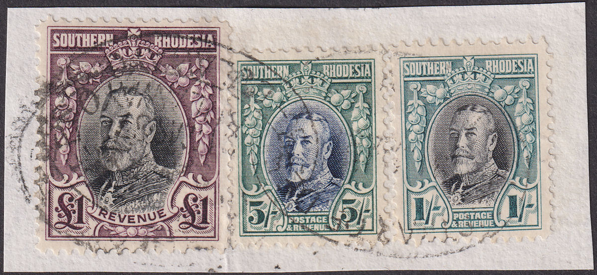 Southern Rhodesia 1931 KGV Revenue £1, Postage 5sh, 1sh Fiscally Used on Piece