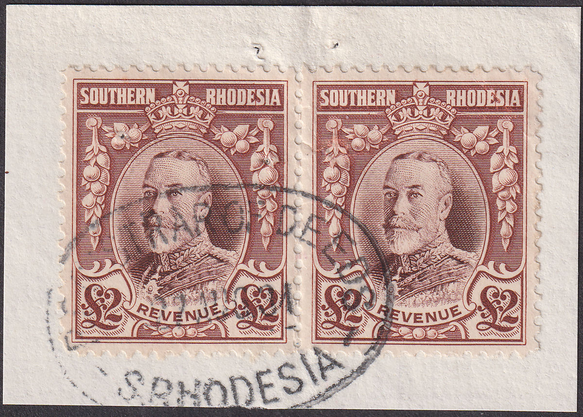 Southern Rhodesia 1931 KGV Revenue £2 Pair Used on Piece BF13