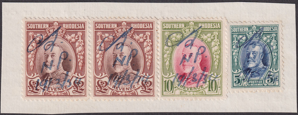 Southern Rhodesia 1931 KGV Revenue £2 x2, 10sh, Postage 5sh Fiscally Used Piece