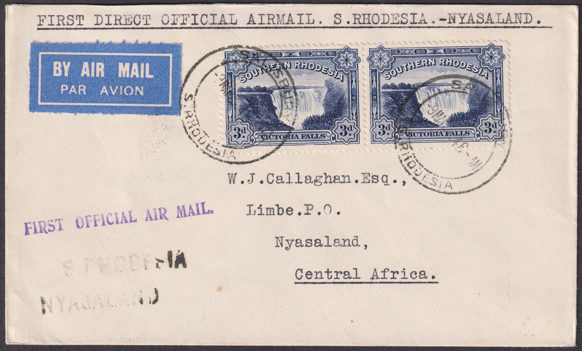 Southern Rhodesia 1934 KGV 3d x2 First Official Airmail Cover Used to Nyasaland