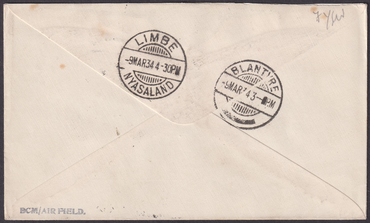 Southern Rhodesia 1934 KGV 3d x2 First Official Airmail Cover Used to Nyasaland