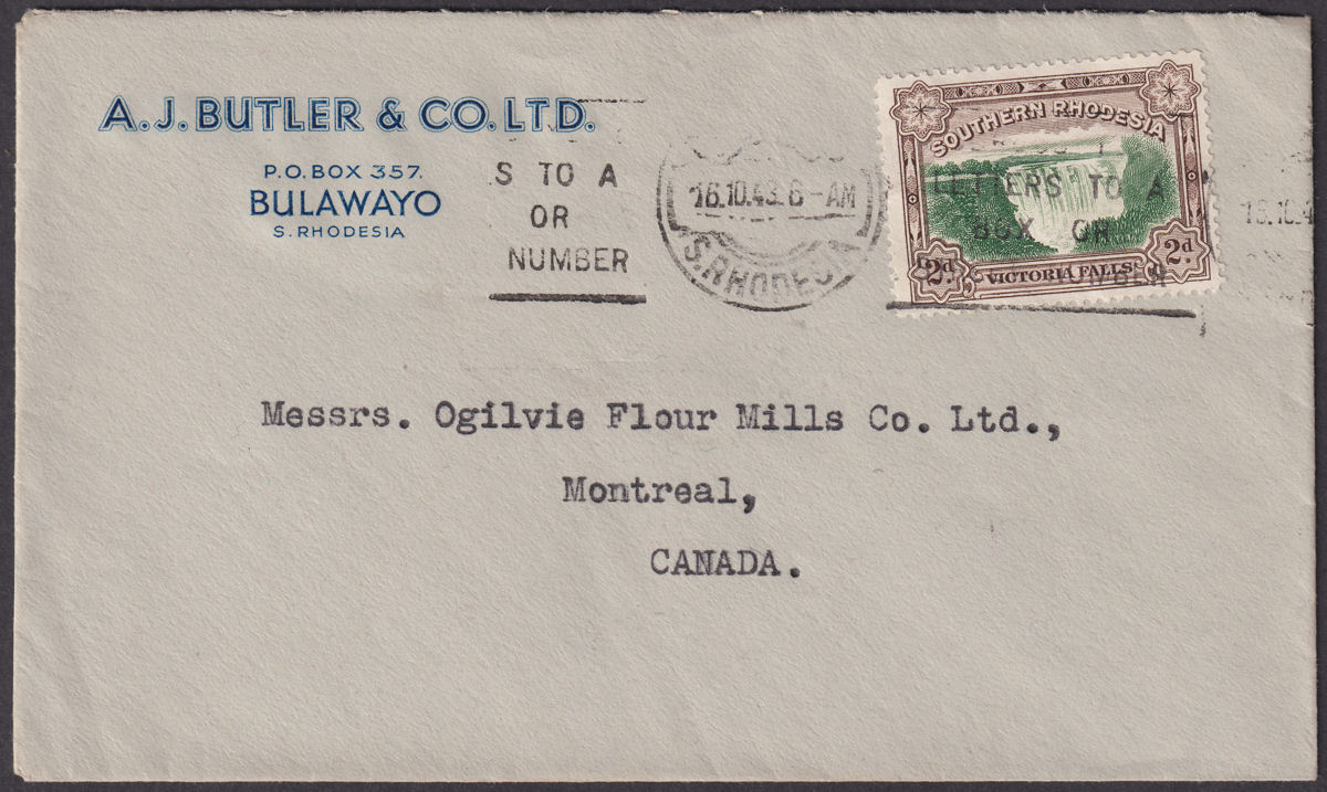Southern Rhodesia 1943 KGV 2d Used on Cover Bulawayo to Montreal, Canada