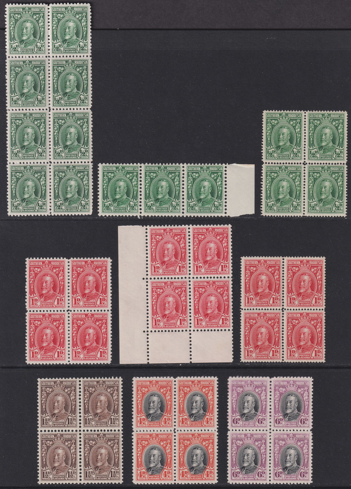 Southern Rhodesia 1931 KGV Field Marshal Part Block Set to 1sh Mint