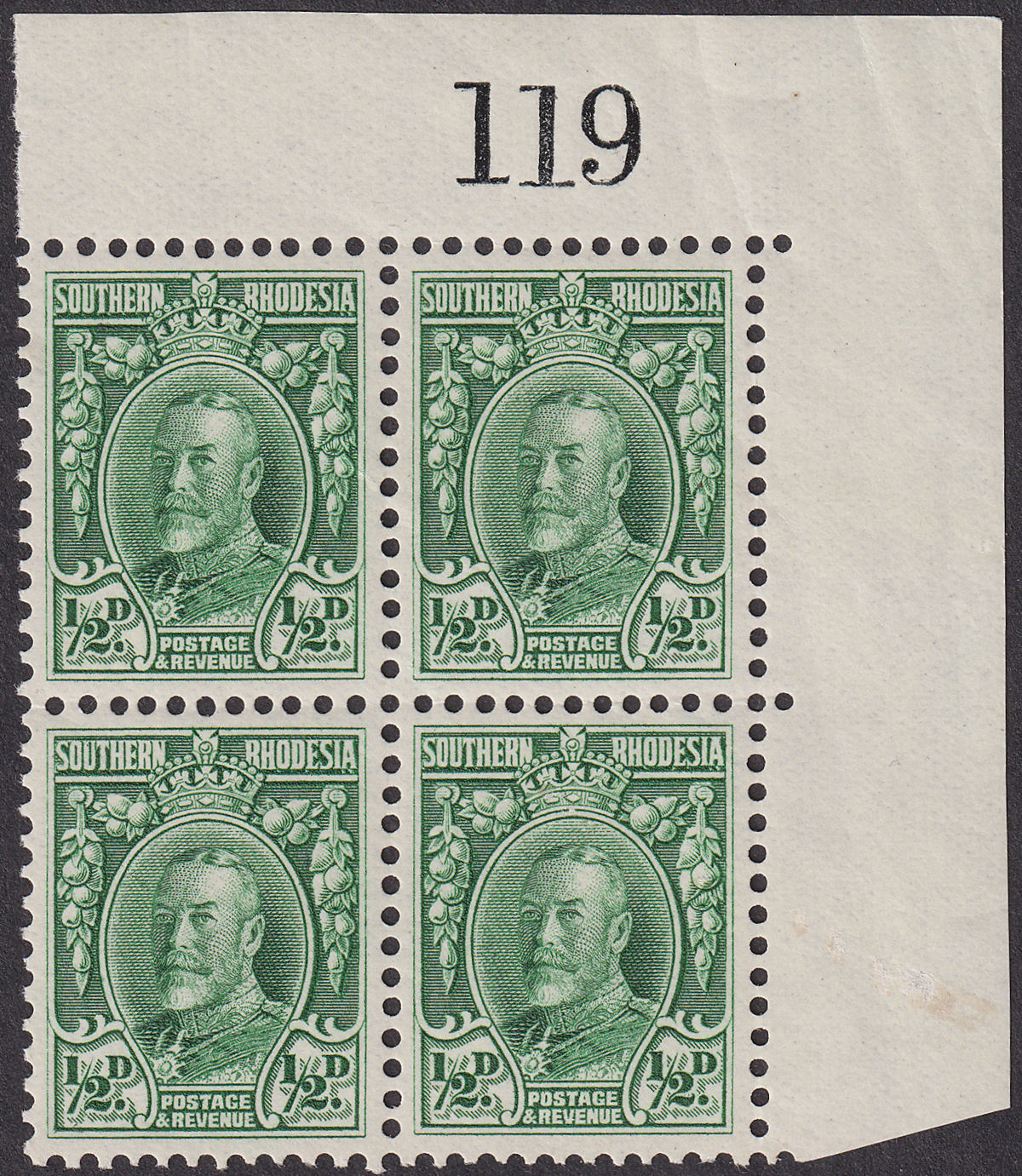 Southern Rhodesia 1933 KGV Field Marshal ½d Green Sheet No Block of 4 Mint SG15a
