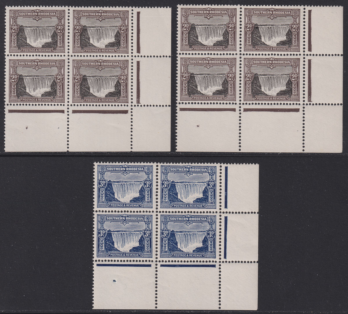 Southern Rhodesia 1931 KGV 2d x2, 3d Blocks of 4 UM Mint SG17-18 cat £160 MNH