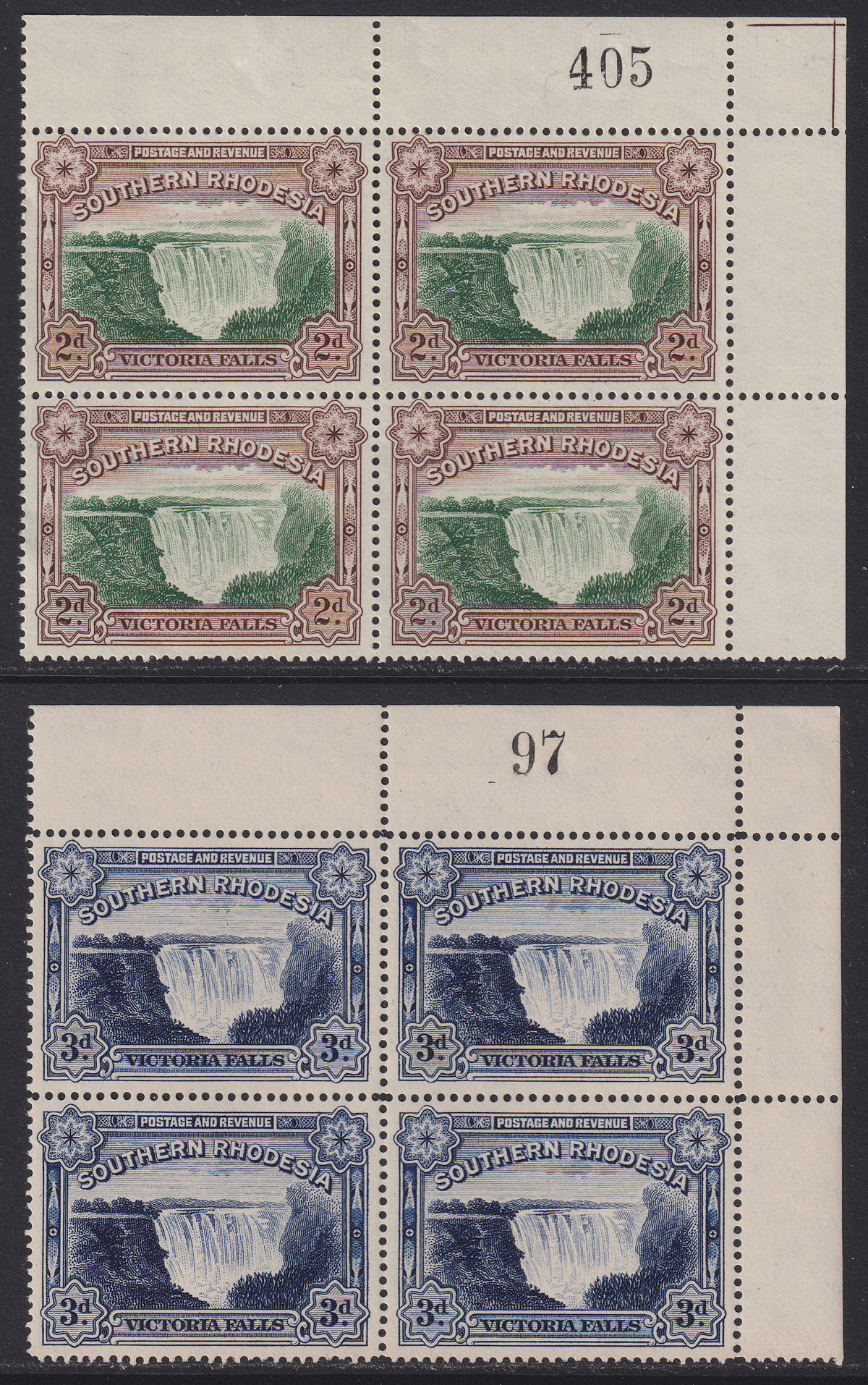 Southern Rhodesia 1938-41 KGVI Vic Falls 2d, 3d Sheet No Blocks Mint SG35a-35b