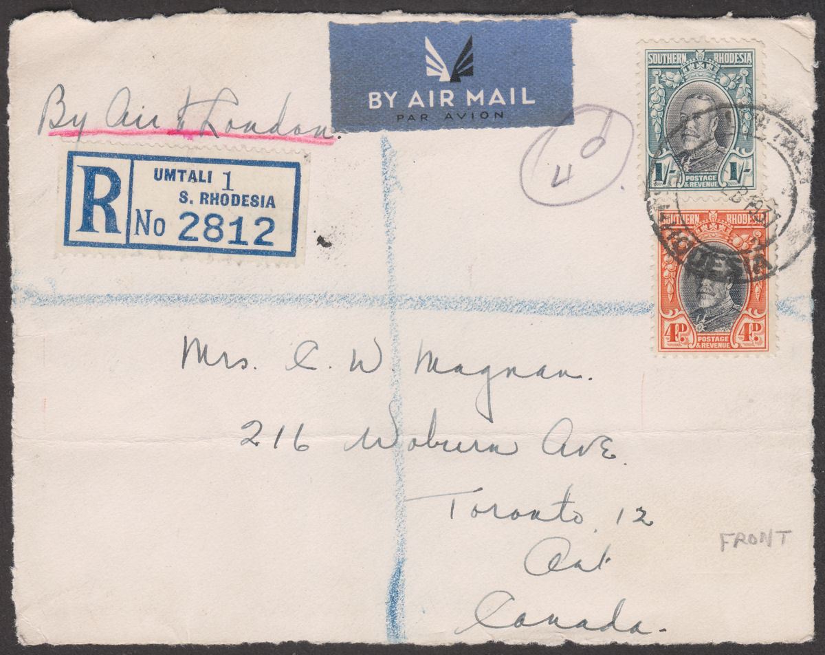 Southern Rhodesia 1937 KGV 1sh 4d Regd Airmail Cover Front Used Umtali to Canada