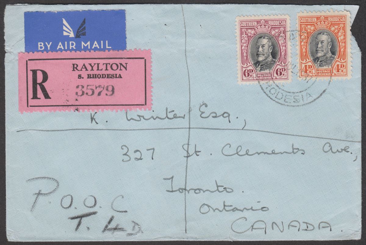 Southern Rhodesia 1937 KGV Field Marshal 6d 4d Used Reg Air Cover RAYLTON Canada