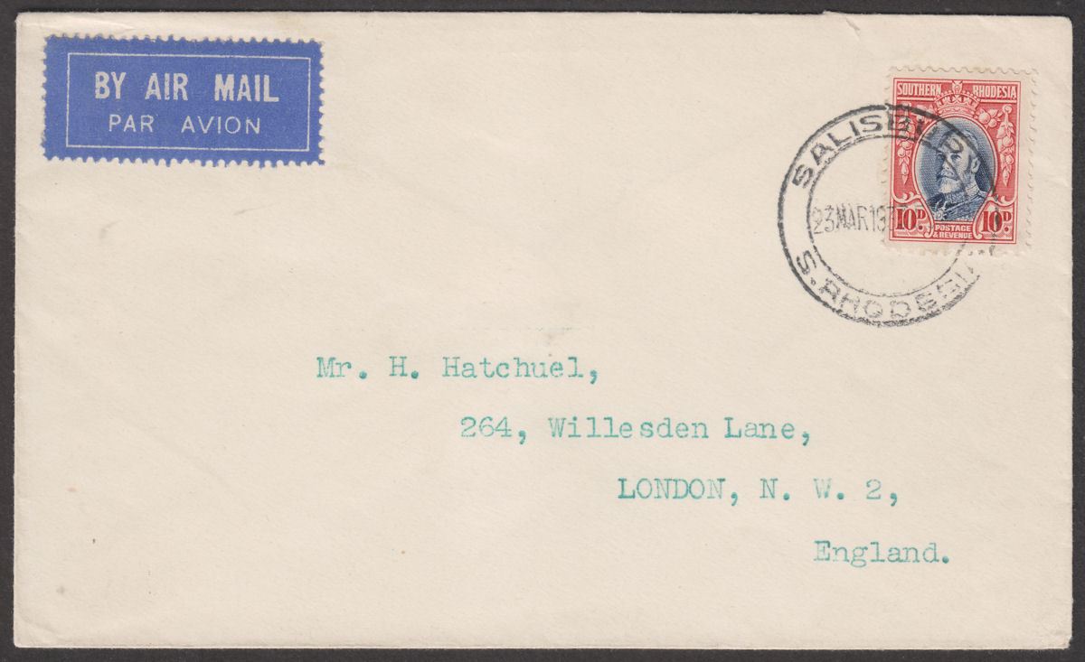 Southern Rhodesia 1933 KGV Field Marshal 10d Used on Airmail Cover to UK