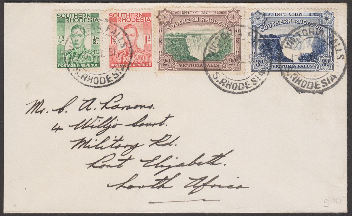 Southern Rhodesia 1951 KGVI 3d 2d 1d ½d Used on Cover Victoria Falls to S Africa