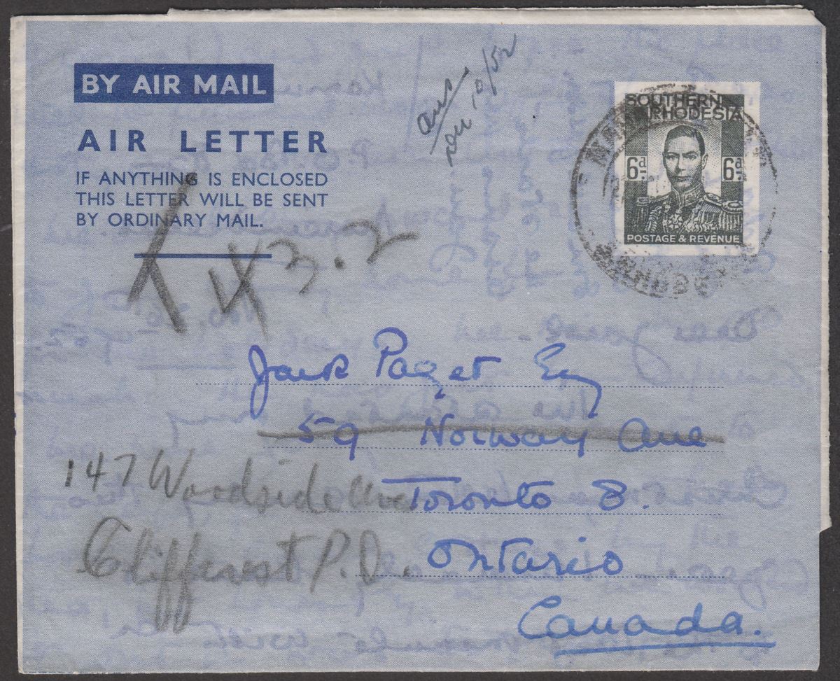 Southern Rhodesia 1952 KGVI 6d Postal Stat Air Letter Used Marandellas to Canada