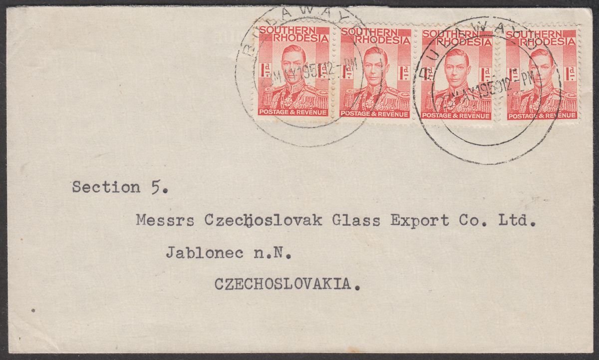 Southern Rhodesia 1950 KGVI 1d x 4 Used on Cover Bulawayo to Czechoslovakia