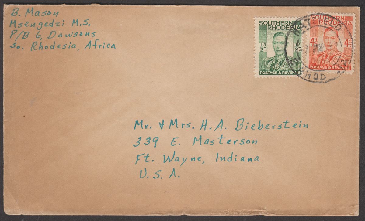 Southern Rhodesia 1952 KGVI 4d, ½d Used on Cover Hatfield to Indiana, USA