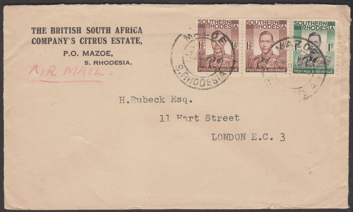 Southern Rhodesia 1949 KGVI 1sh, 1½d x 2 Used on Cover Mazoe to London, England
